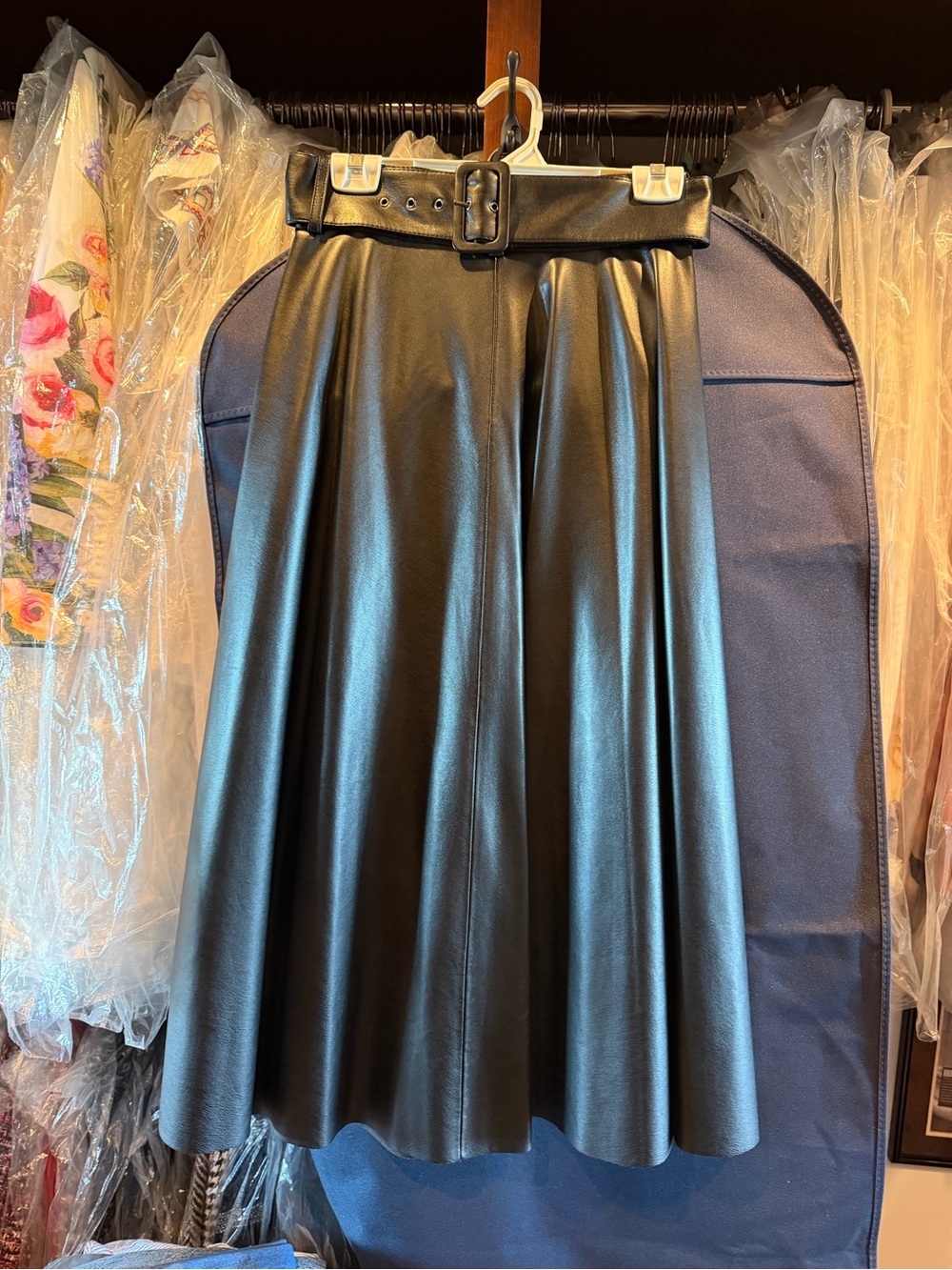 Zara Black Faux Leather Full Belted Midi Skirt size Small